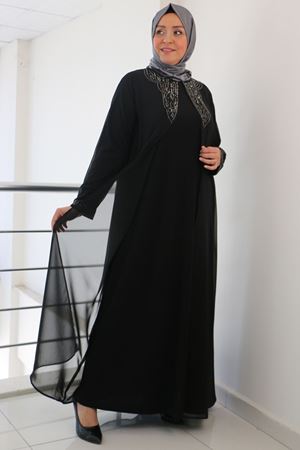 F-42004  Büyük Beden Yakası Taş Detaylı Sandy - Şifon Takım - Siyah