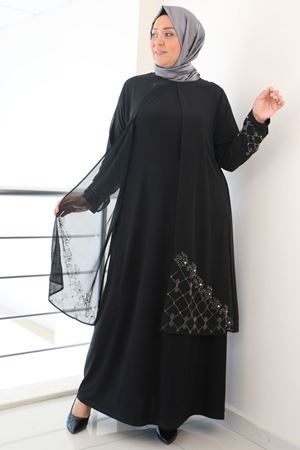 F-42002 Büyük Beden Eteği Taş Detaylı Sandy - Şifon Takım- Siyah