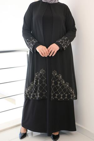 F-42002 Büyük Beden Eteği Taş Detaylı Sandy - Şifon Takım- Siyah