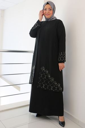 F-42002 Büyük Beden Eteği Taş Detaylı Sandy - Şifon Takım- Siyah