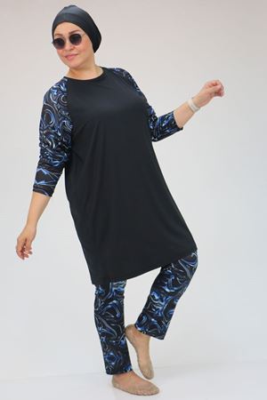 F-1729 Büyük Beden Uzunkol Tesettür Mayo Takım - Aqua Mavi