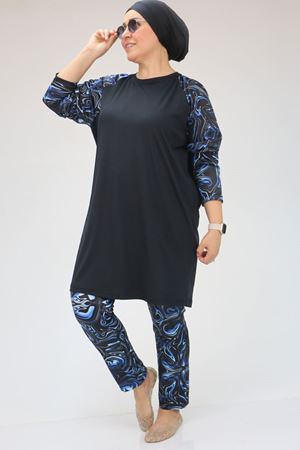 F-1729 Büyük Beden Uzunkol Tesettür Mayo Takım - Aqua Mavi