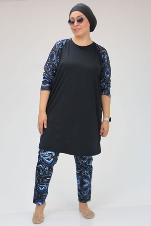 F-1729 Büyük Beden Uzunkol Tesettür Mayo Takım - Aqua Mavi