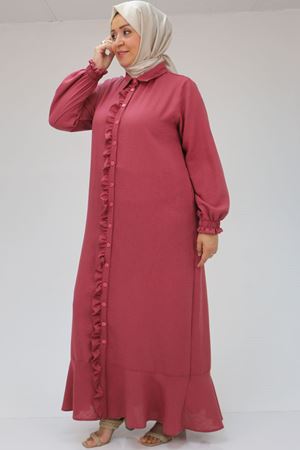 F-46009 Büyük Beden Volanlı Fırfırlı Keten Airobin Ferace Elbise - Gül