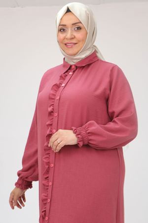 F-46009 Büyük Beden Volanlı Fırfırlı Keten Airobin Ferace Elbise - Gül