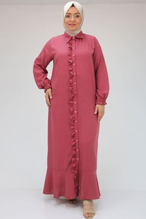 F-46009 Büyük Beden Volanlı Fırfırlı Keten Airobin Ferace Elbise - Gül