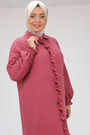 F-46009 Büyük Beden Volanlı Fırfırlı Keten Airobin Ferace Elbise - Gül