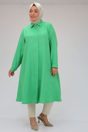 38038 Büyük Beden Keten Airobin Mevlana Gömlek Tunik- Yeşil