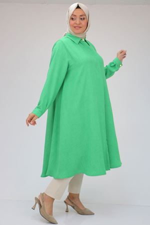 38038 Büyük Beden Keten Airobin Mevlana Gömlek Tunik- Yeşil