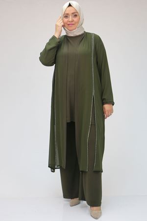 F-47307 Büyük Beden Taş Baskılı Üçlü Takım - Haki