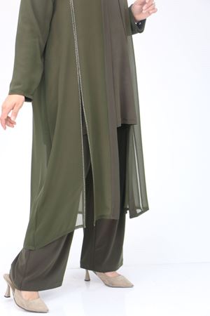 F-47307 Büyük Beden Taş Baskılı Üçlü Takım - Haki