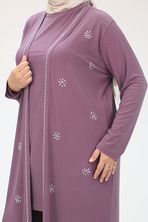 47304 Büyük Beden Taş Baskılı Sandy  Takım  - Lila