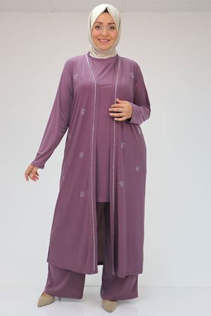 47304 Büyük Beden Taş Baskılı Sandy  Takım  - Lila