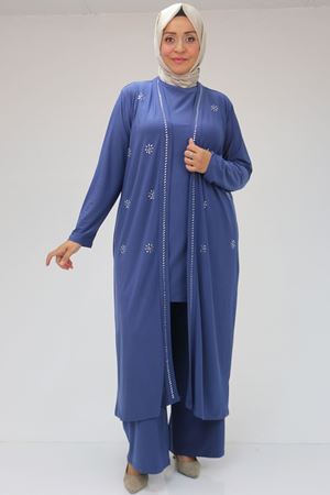 47304 Büyük Beden Taş Baskılı Sandy  Takım  -İndigo