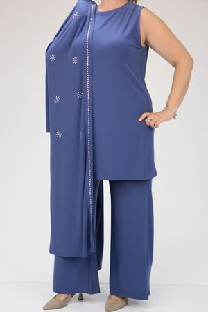 47304 Büyük Beden Taş Baskılı Sandy  Takım  -İndigo