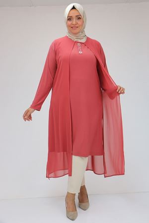 48044 Büyük Beden Üst Şifon Taş Detaylı Sandy Tunik - Koyu Gül