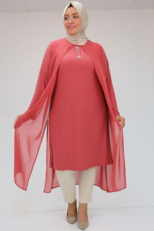 48044 Büyük Beden Üst Şifon Taş Detaylı Sandy Tunik - Koyu Gül