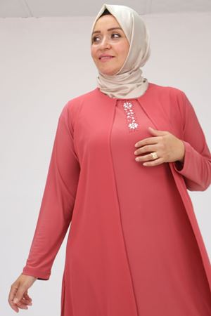 48044 Büyük Beden Üst Şifon Taş Detaylı Sandy Tunik - Koyu Gül