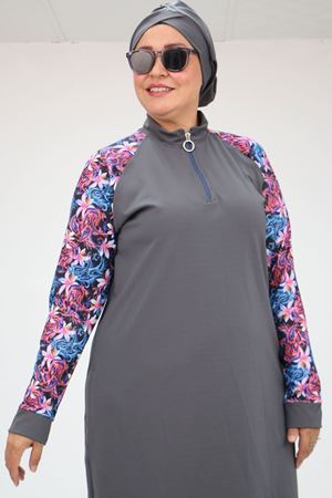 1732 Büyük Beden Balıkçı Yaka Fermuarlı Tesettür Mayo - Pembe Gri