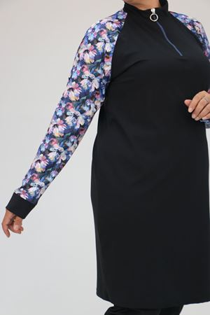 1732 Büyük Beden Balıkçı Yaka Fermuarlı Tesettür Mayo  - Mavi Çiçekli