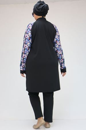 1732 Büyük Beden Balıkçı Yaka Fermuarlı Tesettür Mayo  - Mavi Çiçekli