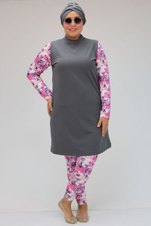 F-1729 Büyük Beden Uzunkol Tesettür Mayo Takım - Pembe - Gri