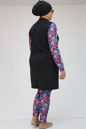 F-1729 Büyük Beden Uzunkol Tesettür Mayo Takım - Siyah - Fuşya