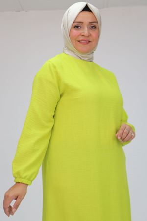 F-42027 Büyük Beden  Eteği Büzgülü  Keten Elbise - Yağ Yeşili