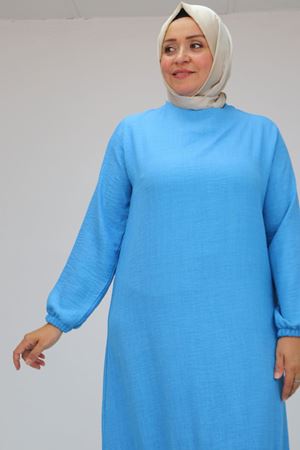 F-42027 Büyük Beden  Eteği Büzgülü  Keten Elbise - Mavi