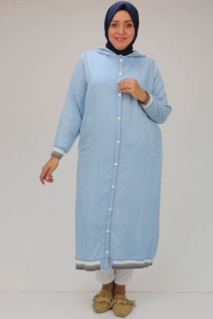 43014 Büyük Beden  Kol Ve Etek Ucu Ribanalı Liyosel Kap - Buz Mavi