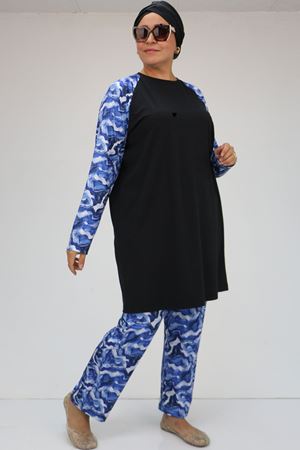 F-1729 Büyük Beden  Uzunkol Tesettür Mayo Takım - Mavi Dalgalı