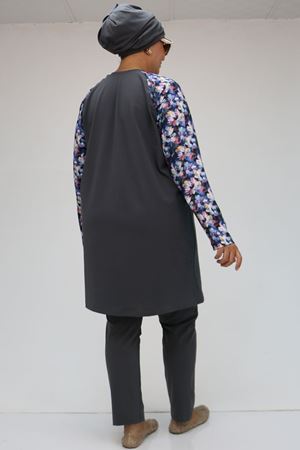 1734 Büyük Beden  Reglan Kol Tesettür Mayo - Gül Çiçekli