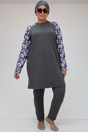 1734 Büyük Beden  Reglan Kol Tesettür Mayo - Gül Çiçekli