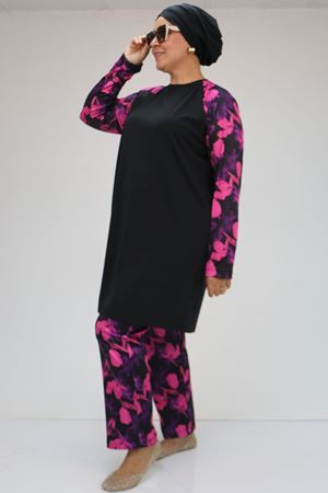 F-1729 Büyük Beden  Uzunkol Tesettür Mayo Takım - Fuşya Çiçekli