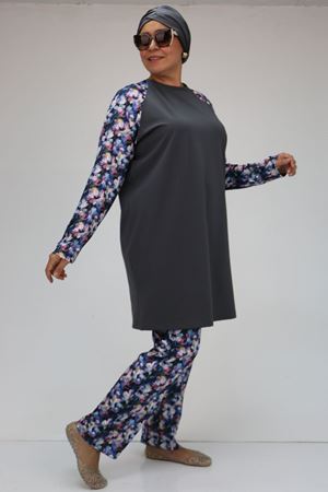 F-1729 Büyük Beden  Uzunkol Tesettür Mayo Takım - Gül Çiçekli