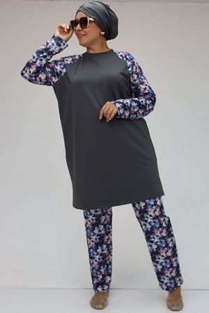 F-1729 Büyük Beden  Uzunkol Tesettür Mayo Takım - Gül Çiçekli
