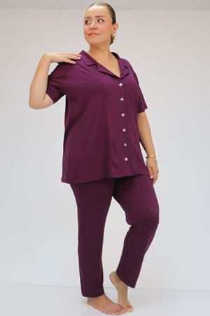 37801 Büyük Beden Desenli Penye Pijama Takımı - Mürdüm