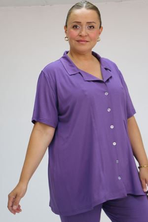 37801 Büyük Beden  Düğmeli Türlü Viskon Pijama Takımı - Leylak