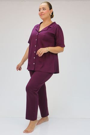 37801 Büyük Beden Desenli Penye Pijama Takımı - Mürdüm