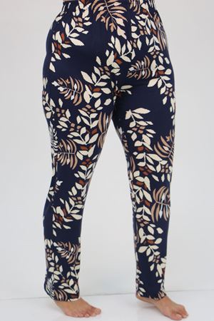 37801 Büyük Beden  Düğmeli Türlü Viskon Pijama Takımı - Lacivert - Vizon Yapraklı