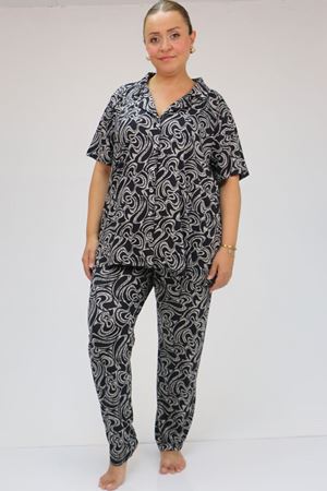 37801 Büyük Beden  Düğmeli Türlü Viskon Pijama Takımı - Siyah-Gri Dalgalı