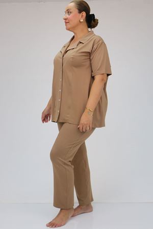 37801 Büyük Beden  Düğmeli Türlü Viskon Pijama Takımı - Vizon