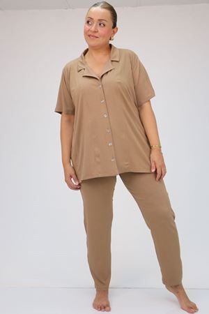37801 Büyük Beden  Düğmeli Türlü Viskon Pijama Takımı - Vizon