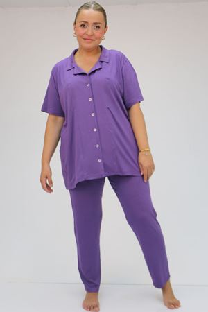 37801 Büyük Beden  Düğmeli Türlü Viskon Pijama Takımı - Leylak