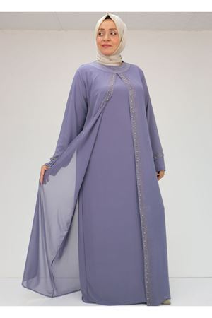 42018 Büyük Beden  Taş Baskılı Sandy-Şifon Elbise - Mor