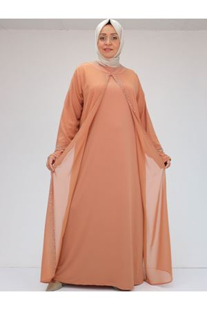 42018 Büyük Beden  Taş Baskılı Sandy-Şifon Elbise - somon