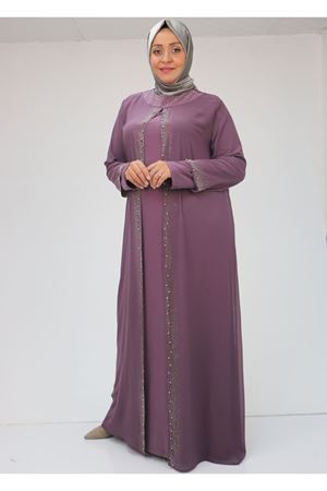 42018 Büyük Beden  Taş Baskılı Sandy-Şifon Elbise - Gül Kurusu