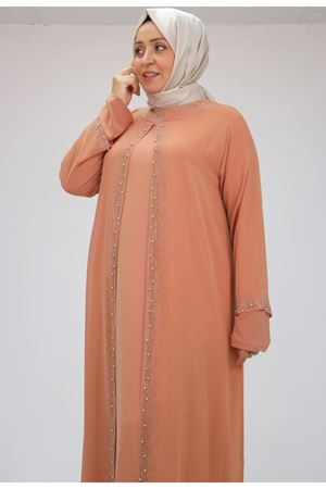 42018 Büyük Beden  Taş Baskılı Sandy-Şifon Elbise - somon