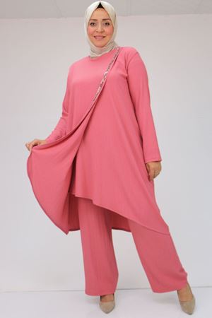 F-47062 Büyük Beden Taş Baskı Detaylı Pantolonlu Bürümcük Takım - Gül Kurusu