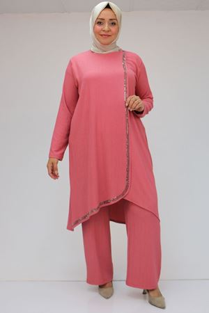 F-47062 Büyük Beden Taş Baskı Detaylı Pantolonlu Bürümcük Takım - Gül Kurusu